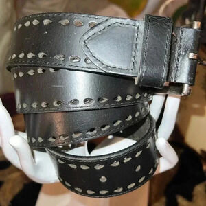 Unisex Genuine Black Perforated Leather Belt with Brushed Silver Buckle XL